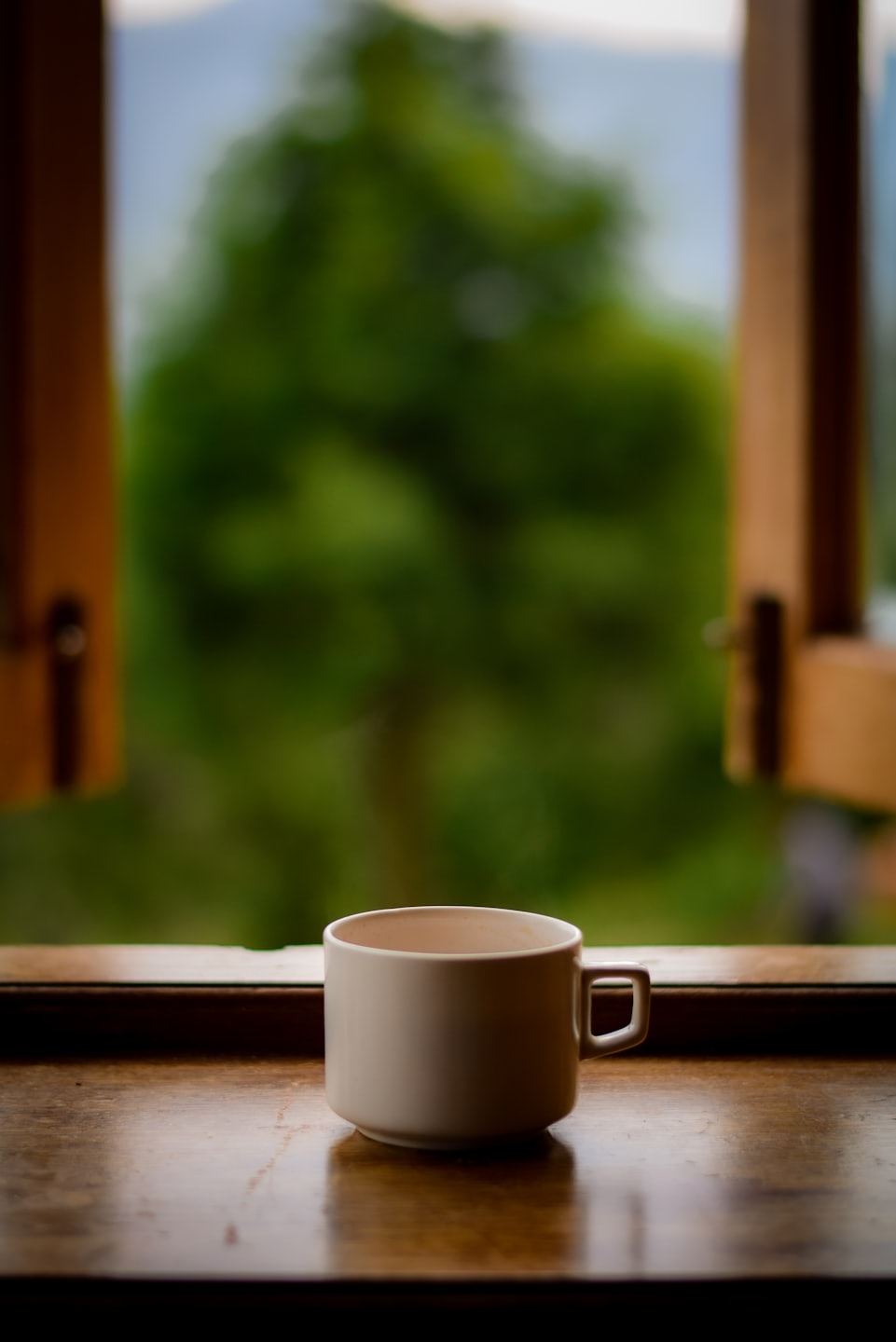 Eine weiße Kaffeetasse steht auf einer hölzernen Fensterbank.
